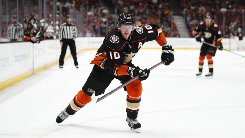 Anaheim Ducks' Corey Perry skates during the second period of an NHL hockey game against the New Jersey Devils, in Anaheim, CalifDevils Ducks Hockey, Anaheim, USA - 18 Mar 2018.