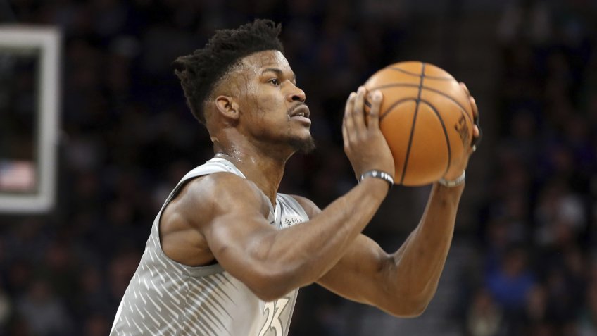Minnesota Timberwolves' Jimmy Butler plays against the Milwaukee Bucks in the first half of an NBA basketball game, in MinneapolisBucks Timberwolves Basketball, Minneapolis, USA - 01 Feb 2018.