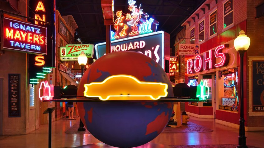 CINCINNATI, OH -13 JUL 2019- View of the American Sign Museum, a collection of large neon signs located in Cincinnati, Ohio, United States.