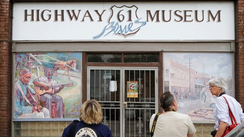 LELAND, MISSISSIPPI, May 8, 2015 : Tourists visit Highway 61 Museum.