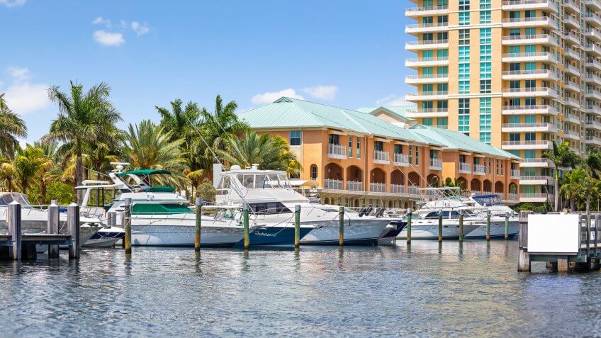 Boats are docked at a local marina in Delray Beach, Florida.