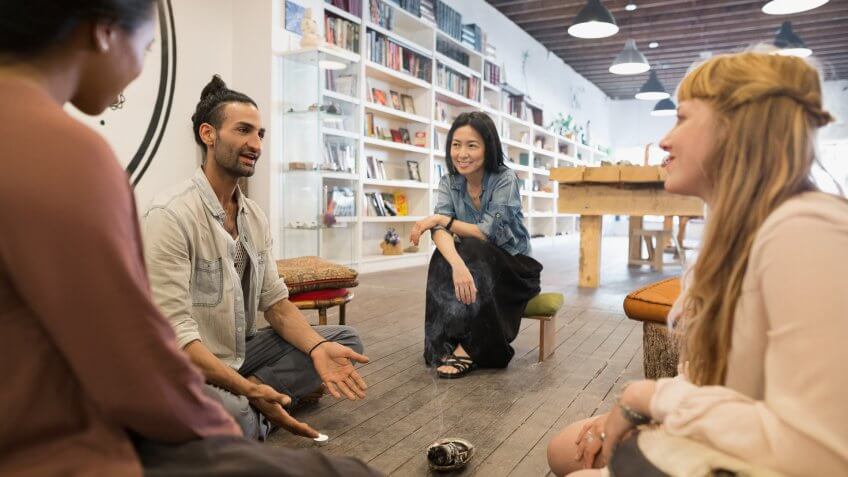 11267, 20-24 Years, 25-29 Years, 35-39 Years, 45-49 Years, Asian Ethnicity, Bonding, Canada, Caucasian, Circle, Color Image, Cross-legged, Day, Entrepreneur, Explaining, Face To Face, Four People, Gesturing, Guidance, Horizontal, Indian Ethnicity, Indoors, Instructor, Japanese Ethnicity, Learning, Leisure Activity, Listening, Mature Adult, Mature Women, Mid Adult, Mid Adult Men, Multi-Ethnic Group, Other Keywords, Photography, Real People, Retail, Selective Focus, Showing, Sitting, Small Business, Smiling, Spirituality, Store, Talking, Teacher, Teaching, Watching, Weekend Activities, Working, Young Adult, Young Women, african american ethnicity, alberta, business owner, calgary, discussing, enjoying, faith, happy, healthy living, incense, leaning, lifestyle, man, meditating, meditation, meditation class, millennial, new age, new age shop, people, shop, together, wellbeing, woman, worker