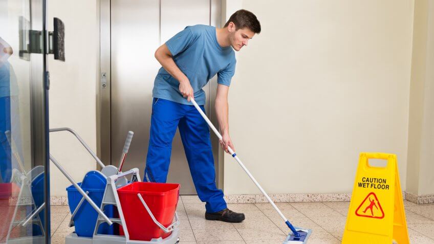 11214, Bucket, Caretaker, Cleaning Equipment, Elevator, Flooring, Holding, Horizontal, Manual Worker, Men, Mop, Office, Professional Occupation, Service, Standing, Uniform, Working, Young Adult, cleaner, cleaning, jobs, people