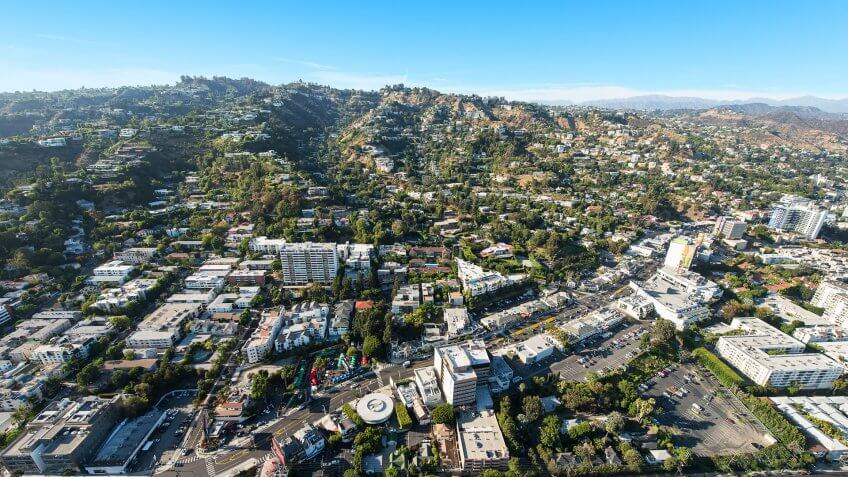 Aerial view of Sunset Boulevard in West Hollywood, California.