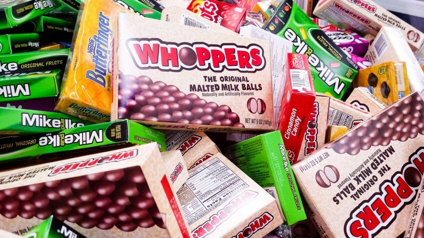 The Woodlands, Texas, USA - December 15, 2016: Full frame, close up view of an assortment of chocolate and hard candy in a bin at the local supermarket.