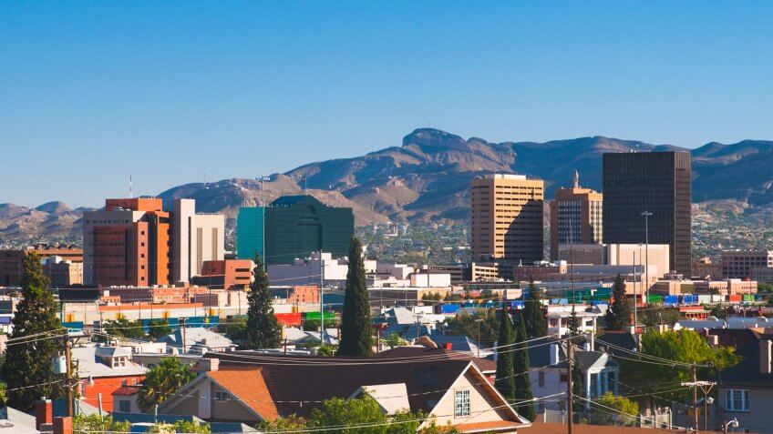 Downtown El Paso skyline with the Juarez mountains in the background.