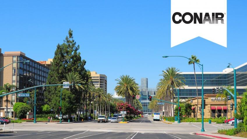 Anaheim, United States - September 8, 2011: A street scene of Anaheim's Convention Center area, which has hotels like a Hilton Hotel (on the right side) as well as the Anaheim Convention center down the end of Convention Way.