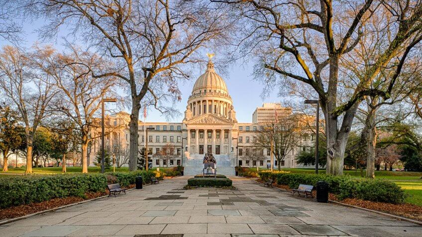 Exterior of the Mississippi State Capitol building at dawn in Jackson, Mississippi.