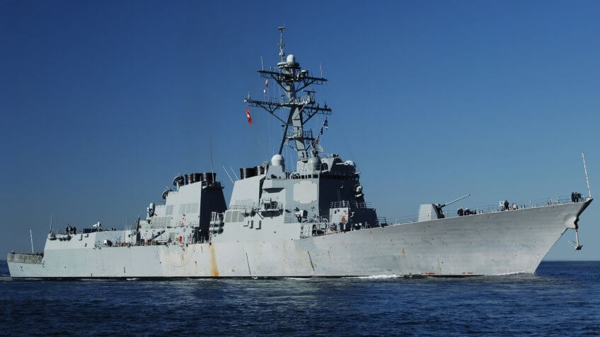 US Navy DDG 51 AEGIS class Destroyer at sea.