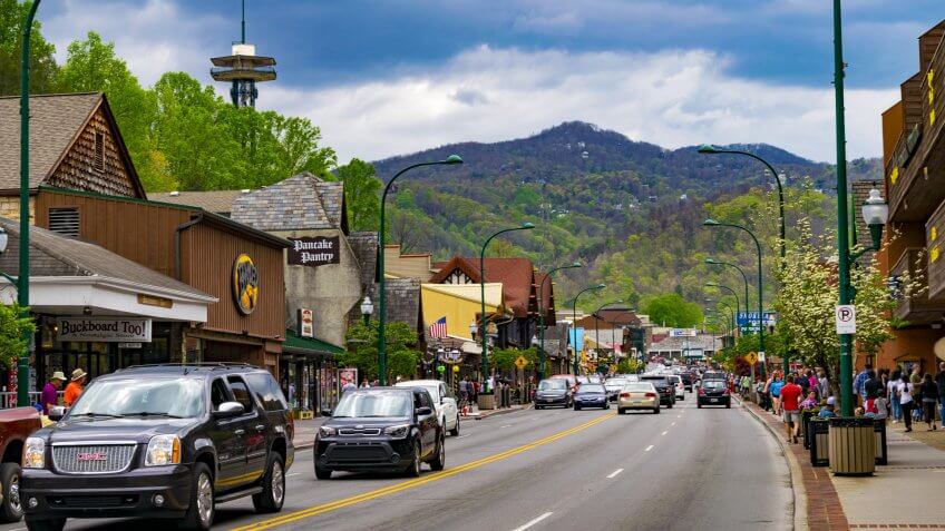 Gatlinburg, TN; April 16, 2017: A shot of a main street in Gatlinburg, Tennessee.