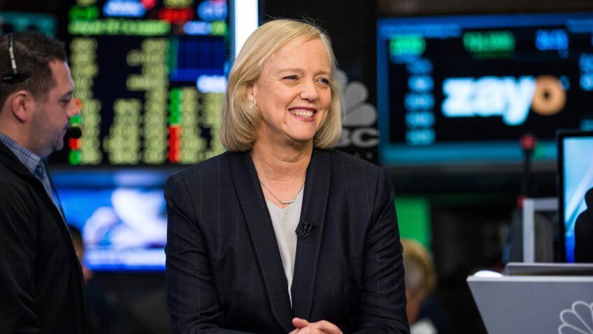 NEW YORK, NY - NOVEMBER 02: Meg Whitman, CEO of Hewlett Packard, gives a television interivew on the floor of the New York Stock Exchange after ringing the opening bell on November 2, 2015 in New York City.