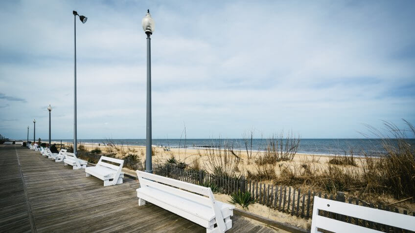 Benches on the boardwalk in Rehoboth Beach, Delaware.