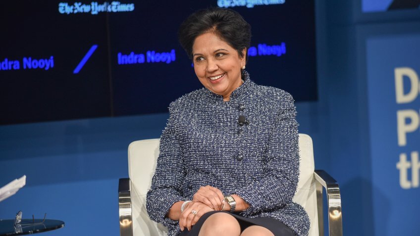 NEW YORK, NY - NOVEMBER 10: Chairman and CEO of PepsiCo Indra Nooyi speaks at The New York Times DealBook Conference at Jazz at Lincoln Center on November 10, 2016 in New York City.
