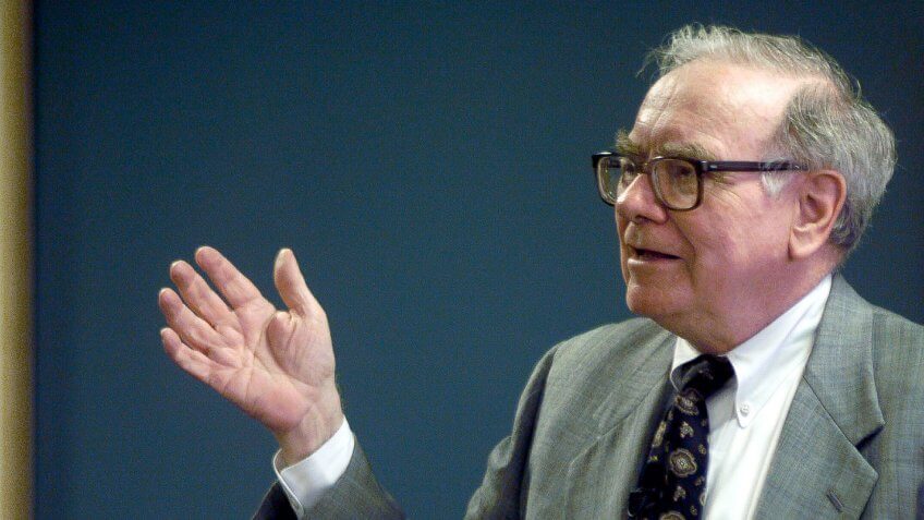 Warren Buffett speaking during a employee meeting at Benjamin Moore Paints in Montvale, N.