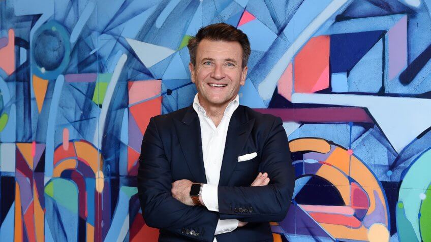 NEW YORK, NY - APRIL 26: (EXCLUSIVE COVERAGE) TV personality Robert Herjavec from "Shark Tank" visits LinkedIn for an Interview with Daniel Roth at LinkedIn Studios on April 26, 2016 in New York City.