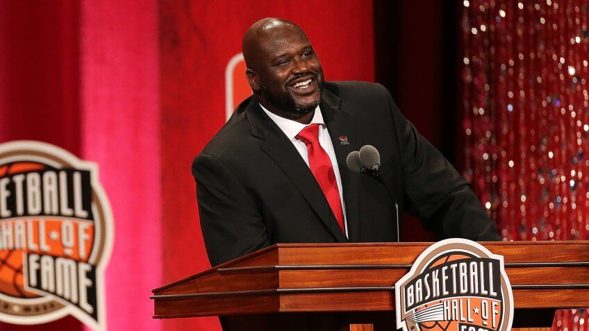 SPRINGFIELD, MA - SEPTEMBER 09: Shaquille O'Neal reacts during the 2016 Basketball Hall of Fame Enshrinement Ceremony at Symphony Hall on September 9, 2016 in Springfield, Massachusetts.