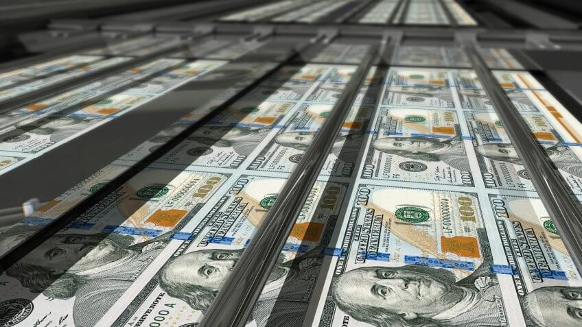 3d rendering of dollar printing press.