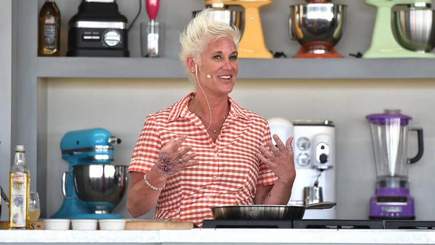 MIAMI BEACH, FL - FEBRUARY 26: Chef Anne Burrell leads a cooking demonstration on stage at Goya Foods' Grand Tasting Village Featuring Mastercard Grand Tasting Tents & KitchenAid Culinary Demonstrations - Day 2 on February 26, 2017 in Miami Beach, Florida.