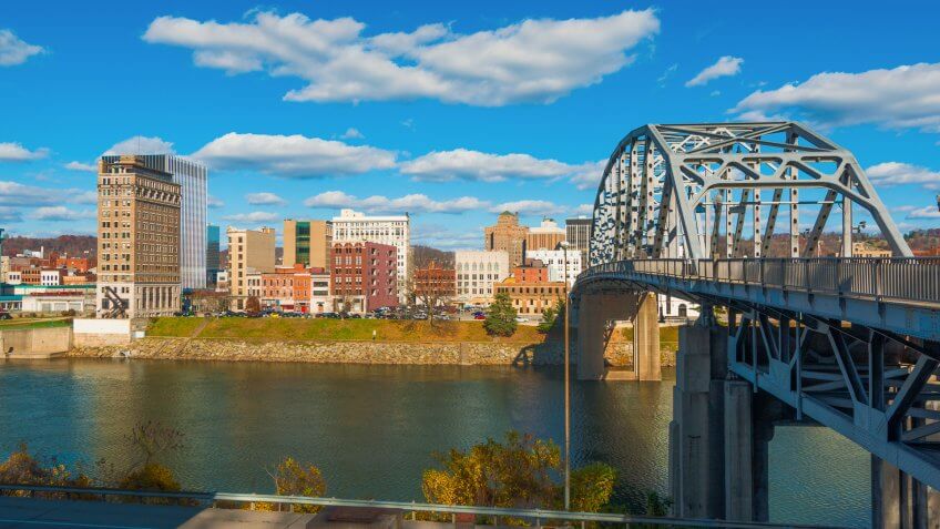 Charleston, West Virginia skyline, South Side Bridge, and the Kanawha River.