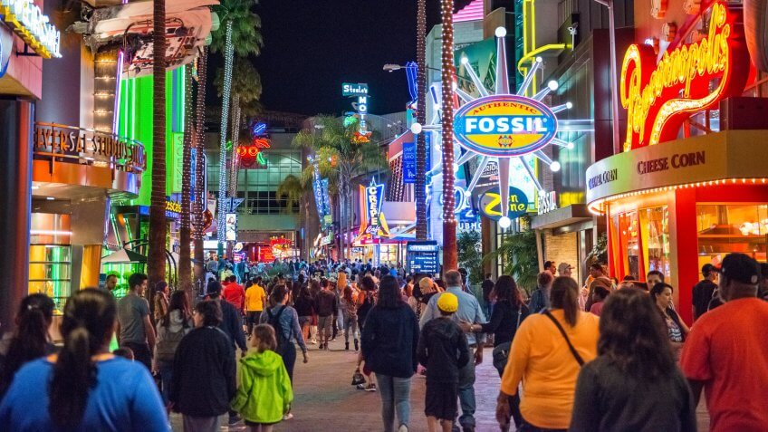 Los Angeles, United States - March 24, 2016: Universal CityWalk Hollywood is a three-block entertainment, dining and shopping promenade north of Los Angeles.