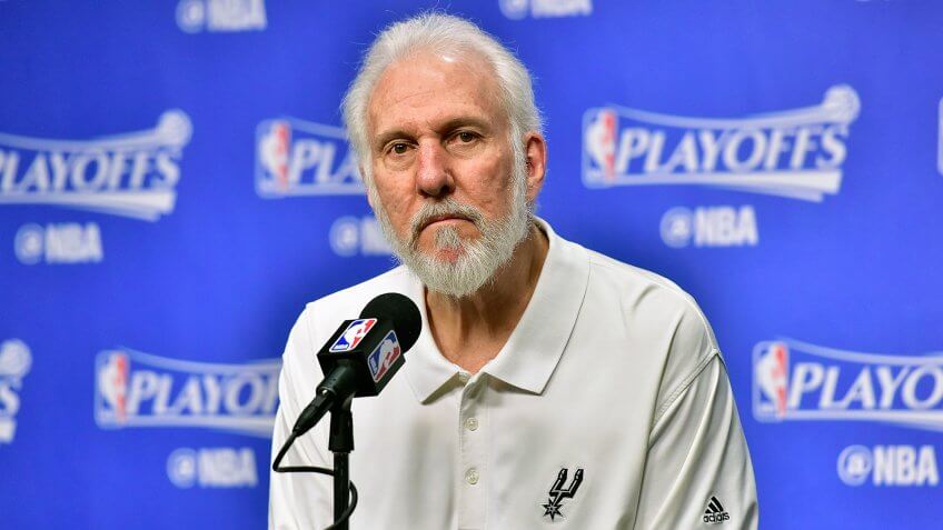 MEMPHIS, TN - APRIL 27: Head coach Gregg Popovich of the San Antonio Spurs speaks to the media prior to Game Six of the Western Conference Quarterfinals game against the Memphis Grizzlies during the 2017 NBA Playoffs at FedExForum on April 27, 2017 in Memphis, Tennessee.