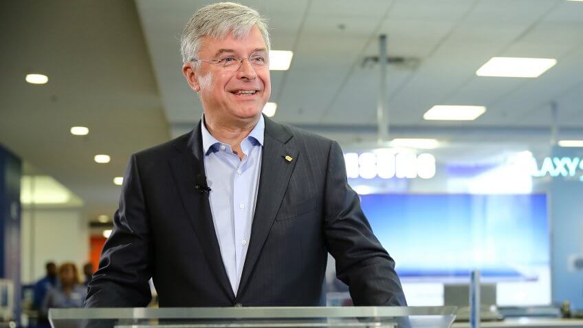 NEW YORK, NY - APRIL 24: Best Buy CEO Hubert Joly celebrates the opening of the Samsung Experience Shop at Best Buy Union Square on April 24, 2013 in New York City.