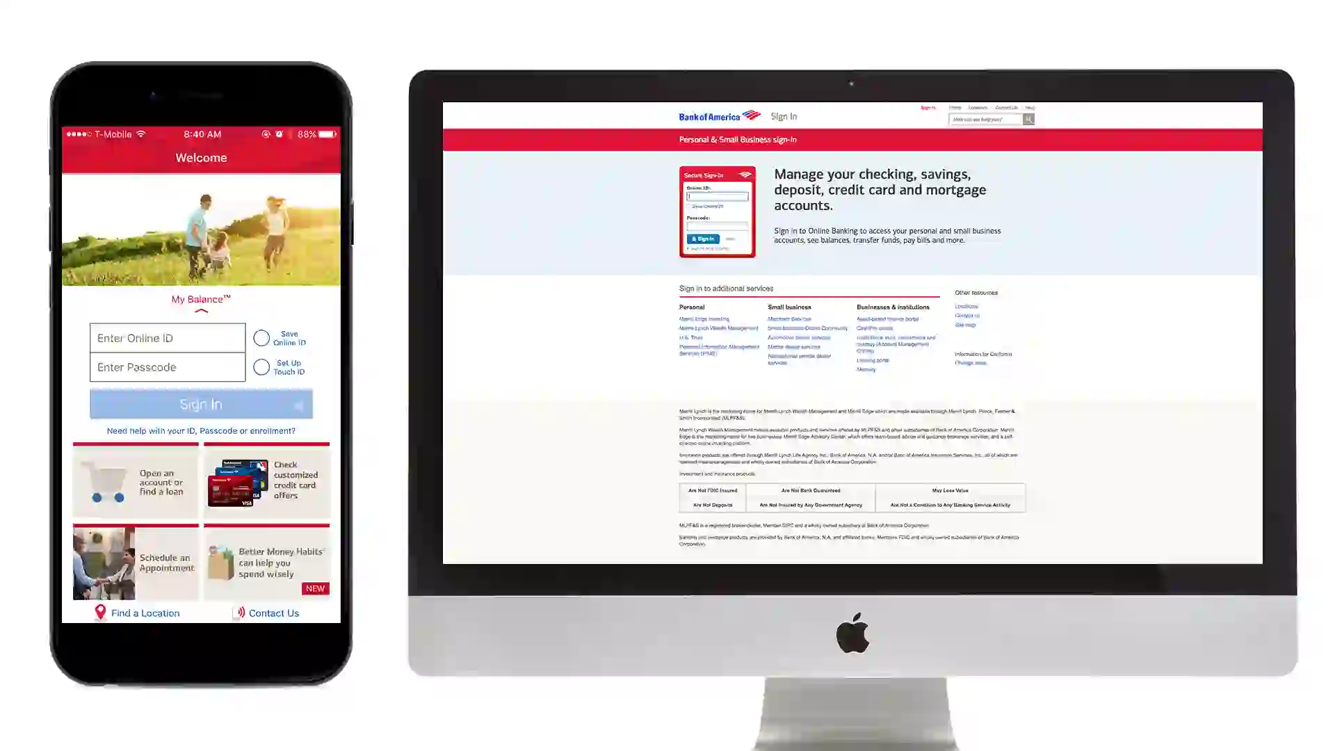 Bank of America website shown on computer and phone