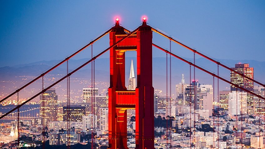 Golden Gate Bridge with San Francisco Cityscape Close up.