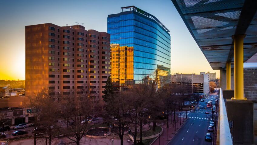View of buildings along 11th Street at sunset in downtown Wilmington, Delaware, from the City Center Parking Garage.