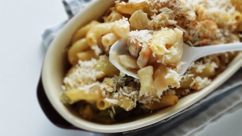 Macaroni and chicken gratin for baked food image.