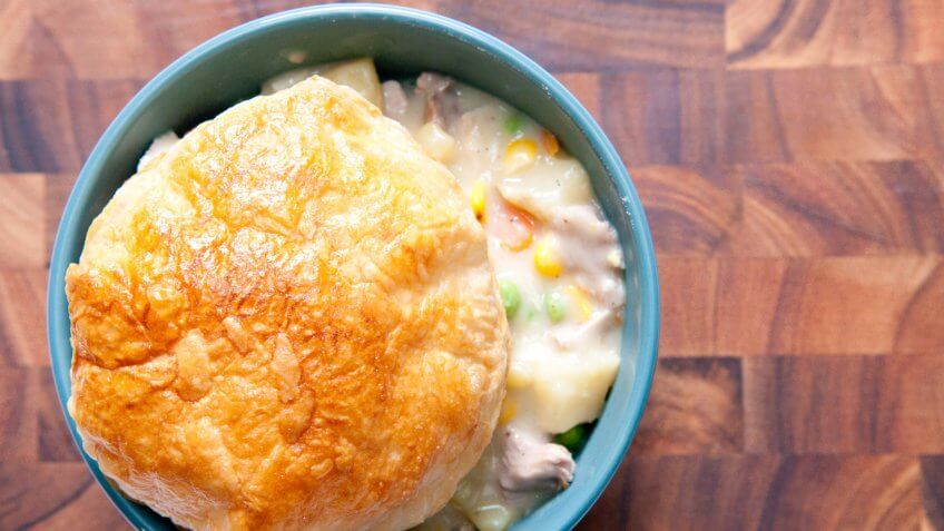 savoury turkey pot pie with flaky pasty top.