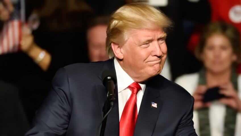 HERSHEY, PA - DECEMBER 15, 2016: President-Elect Donald Trump looks left toward the crowd as he delivers a speech at a "Thank You Tour" rally held at the Giant Center.
