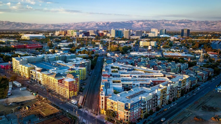 Drone photo of sunset over downtown San Jose in California.
