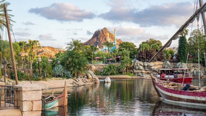 Attractions disneysea mediterranean harbor mountain and dock in tokyo,japan.