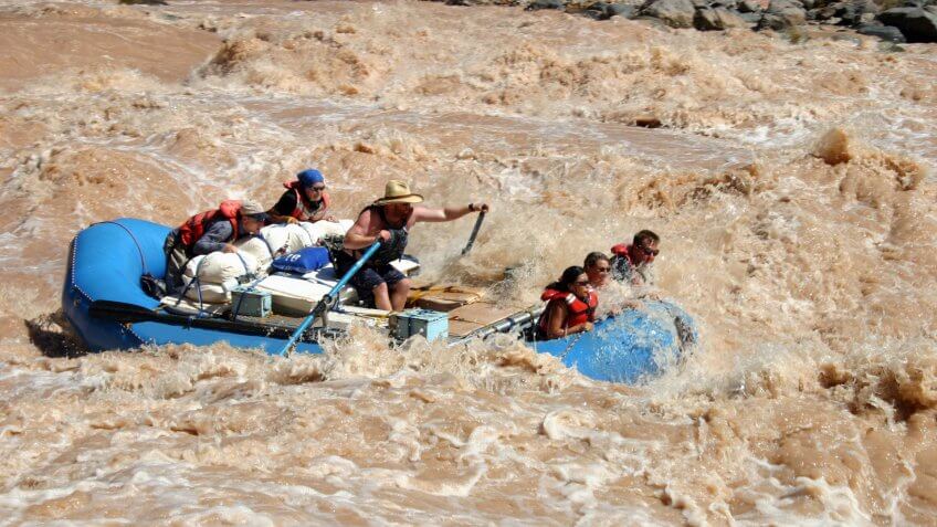 Boaters running Lava Falls Rapid on the Colorado River in Grand Canyon National Park.