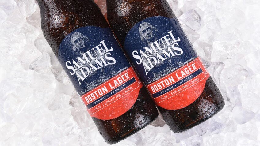 IRVINE, CA - JULY 16, 2017: Samuel Adams Boston Lager on ice.