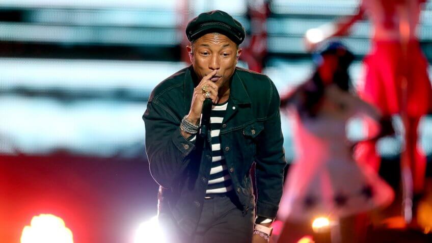 LOS ANGELES, CA - AUGUST 30: Recording artist Pharrell Williams performs on the Pepsi Stage, during the 2015 MTV Video Music Awards, at The Orpheum Theatre on August 30, 2015 in Los Angeles, California.