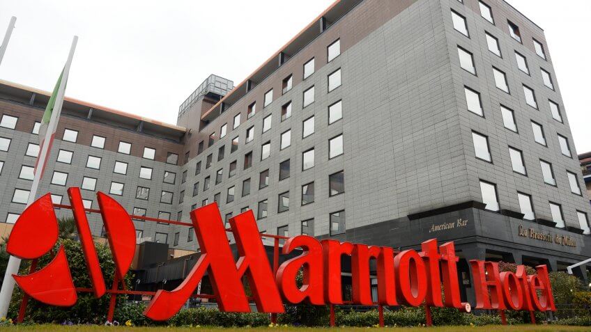 external structure with red writing of the famous Marriott hotel in Milan
