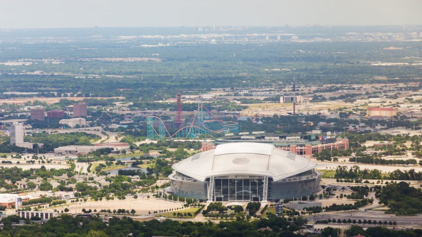 Arlington, Texas, United States - May 17, 2016: Aerial view of AT&T Stadium, home of the NFL Dallas Cowboys football team.