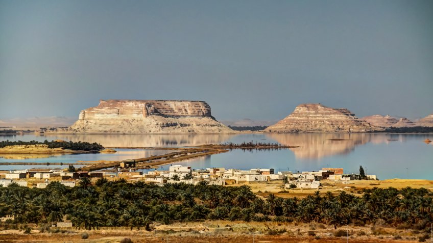 Panorama of Siwa lake and oasis, Egypt.