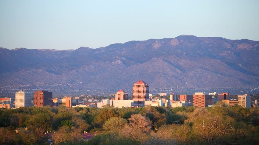 Downtown Albuquerque skyline at dusk.