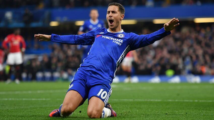 LONDON, ENGLAND - OCTOBER 23: Eden Hazard of Chelsea celebrates scoring his sides third goal during the Premier League match between Chelsea and Manchester United at Stamford Bridge on October 23, 2016 in London, England.