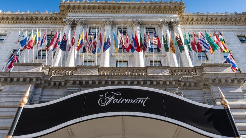 San Francisco, United States - December 16, 2015: The Fairmont San Francisco Hotel - a luxury hotel on Nob Hill just off California Street.
