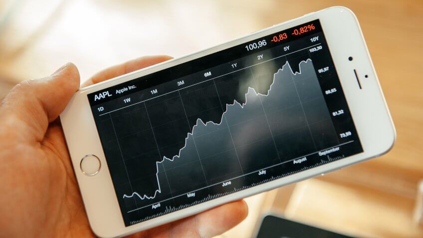 Apple stocks on a chart viewed on a smartphone
