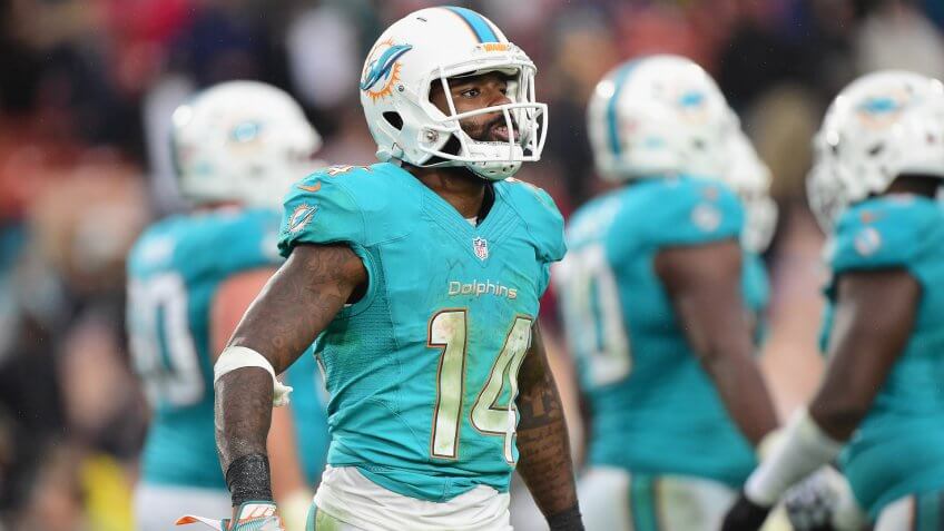 LOS ANGELES, CA - NOVEMBER 20: Jarvis Landry #14 of the Miami Dolphins celebrates his touchdown on a 10 yard pass from quarterback Ryan Tannehill #17 (not pictured) during the fourth quarter of the game against the Los Angeles Rams at Los Angeles Coliseum on November 20, 2016 in Los Angeles, California.