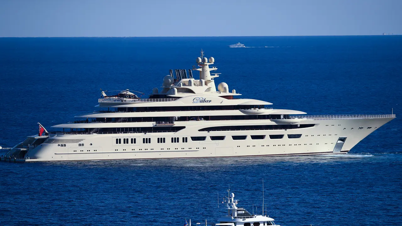 MONTE-CARLO, MONACO - APRIL 20:  The worlds biggest yacht The Dilbar owned by Alisher Usmanov sails by the Monte Carlo Country Club on day five of the Monte Carlo Rolex Masters at Monte-Carlo Sporting Club on April 20, 2017 in Monte-Carlo, Monaco.