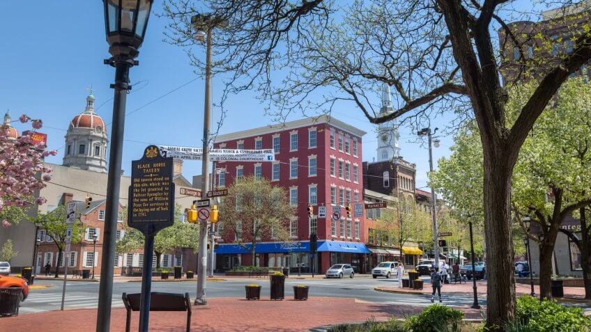 York, Pennsylvania, USA - April 24, 2013: A beautiful, sunny spring afternoon on Continental Square in York, Pennsylvania (Market and George Streets).