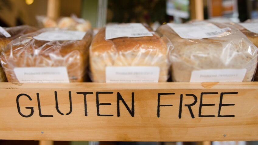 Gluten Free loaf of breads on display in a health food shop.
