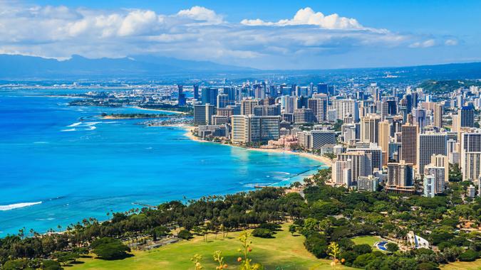 Skyline of Honolulu, Hawaii and the surrounding area including the hotels and buildings on Waikiki Beach.