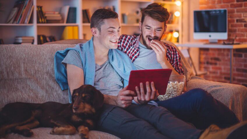 Young gay couple sitting on sofa at home with their dog.